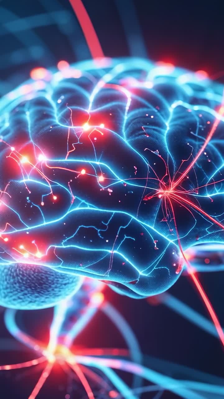 Vertical video: Upon red nodes emerging brain model pulsating across grid with blue filaments