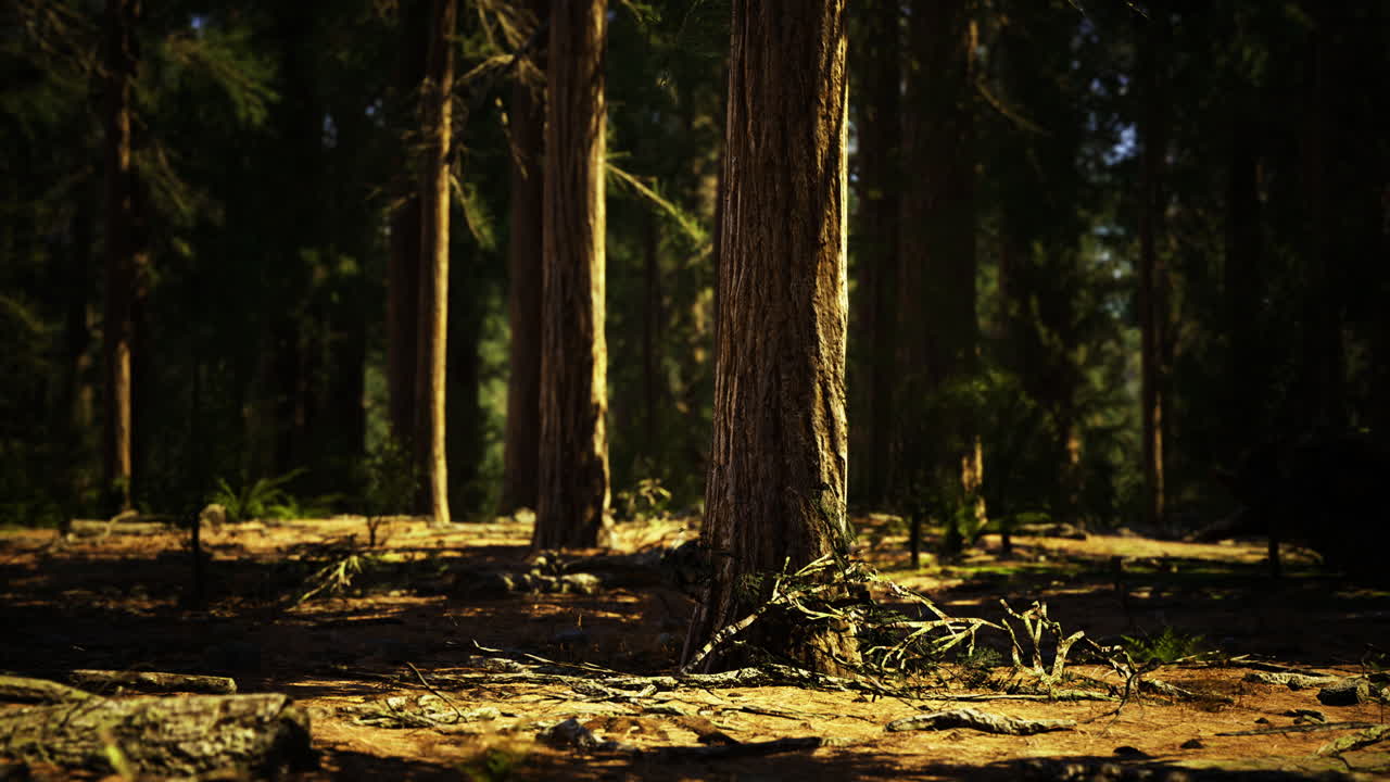 Beautiful sunlit forest with tall trees and undergrowth at midday