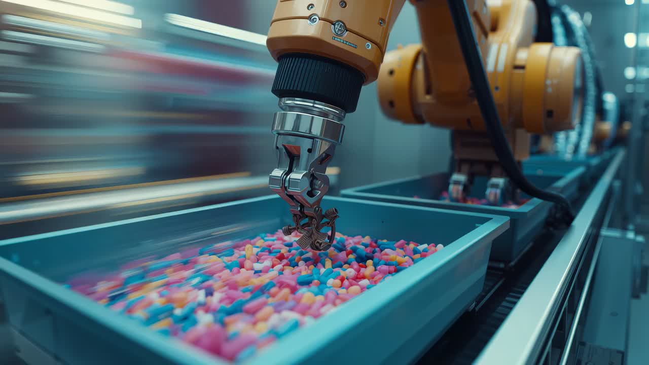 Receiving command, robotic arm descending into pill bin at factory, gripping colorful capsules