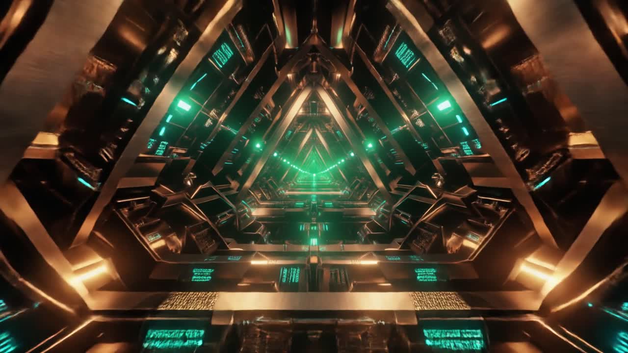 Volo Attraverso un Tunnel Triangolare Fantascientifico Futuristico con Luci Incandescenti
