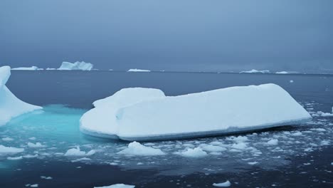 aerial drone shot of antarctica icebergs, ice formations of big beautiful massive icebergs floating in the blue southern ocean sea water on the antarctic peninsula on a zodiac boat tour excursion