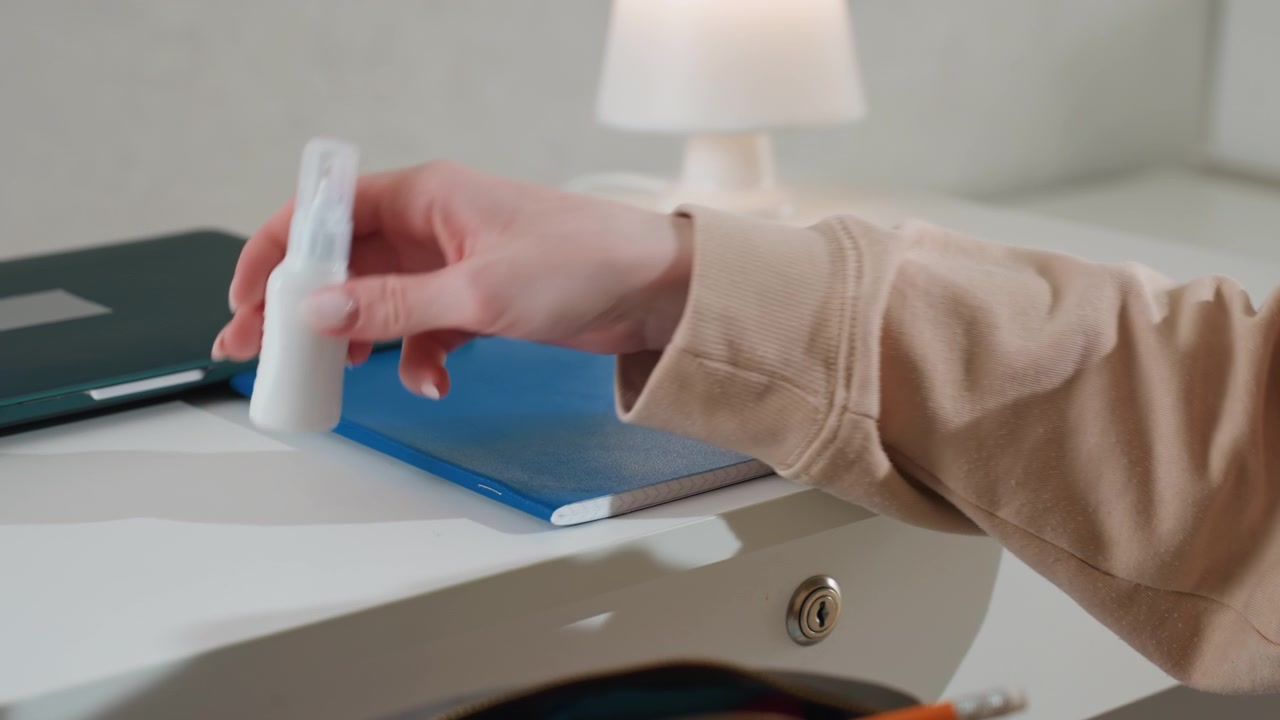 Caucasian woman hands organizing desk supplies, closeup shots of arranging pencils, notebook and sanitizer bottle careful motions opening drawer and reaching into bag, tidy prep for study session