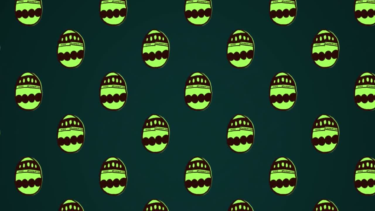 Animation loop of digital eggs with multiple patterns on shells against black background