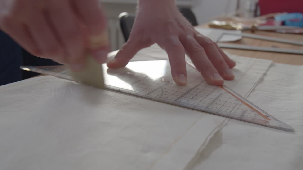 A seamstress measures and marks lines across a piece of cloth laid out on a table