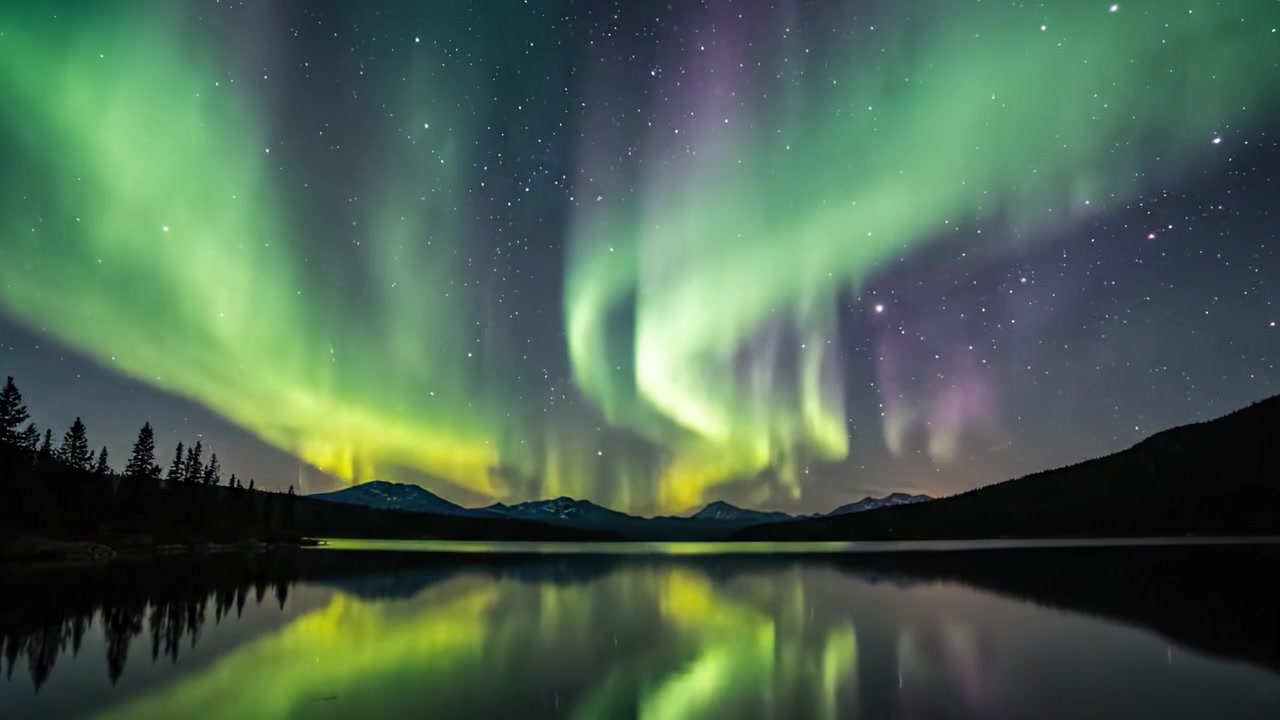 Spettacolare aurora boreale che si riflette su un lago tranquillo circondato da montagne maestose sotto un cielo stellato
