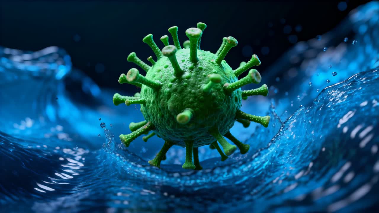 En stigande våg puttar en grön taggig partikel in i en rullande blå vätska i en mikrofluid, vilket bildar droppar.