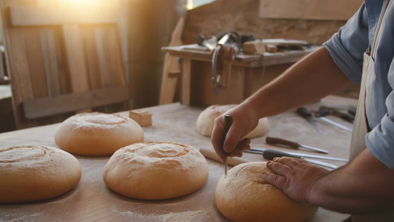 Artisan Baker Scoring Fresh Bread Loaves