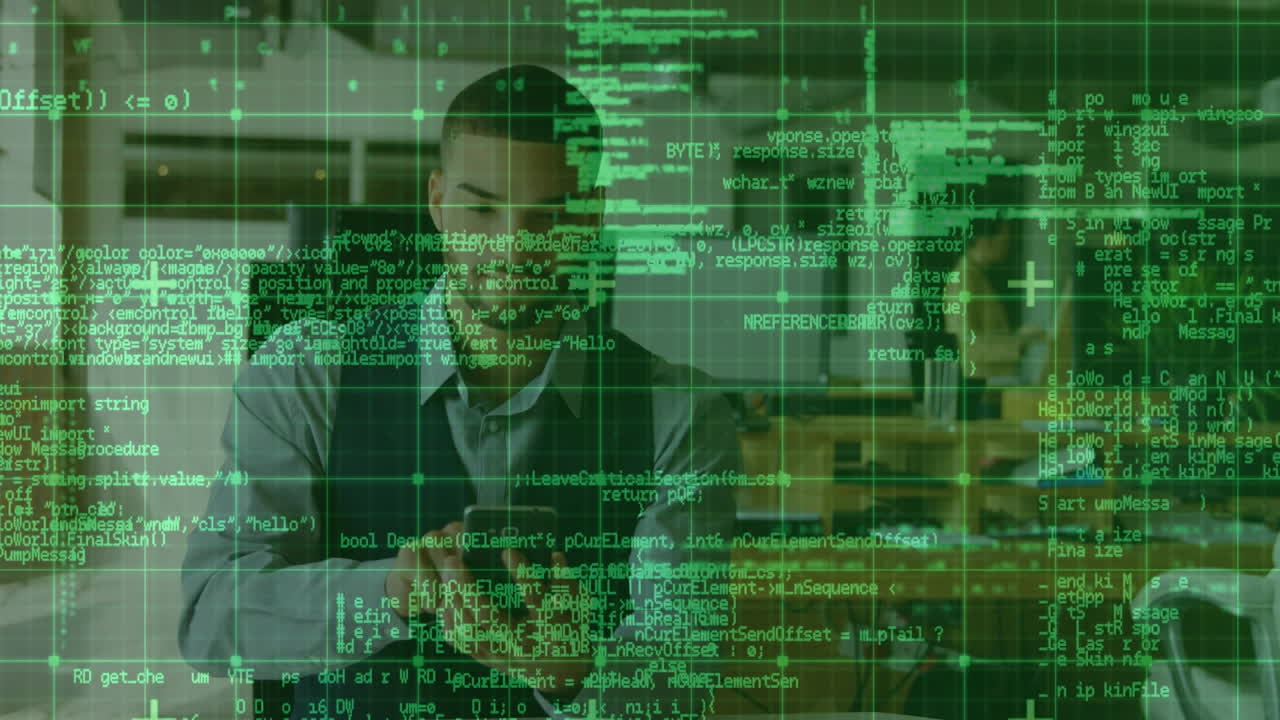 Animation of data processing over diverse business people in office
