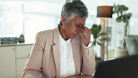 business woman, pain and headache in office