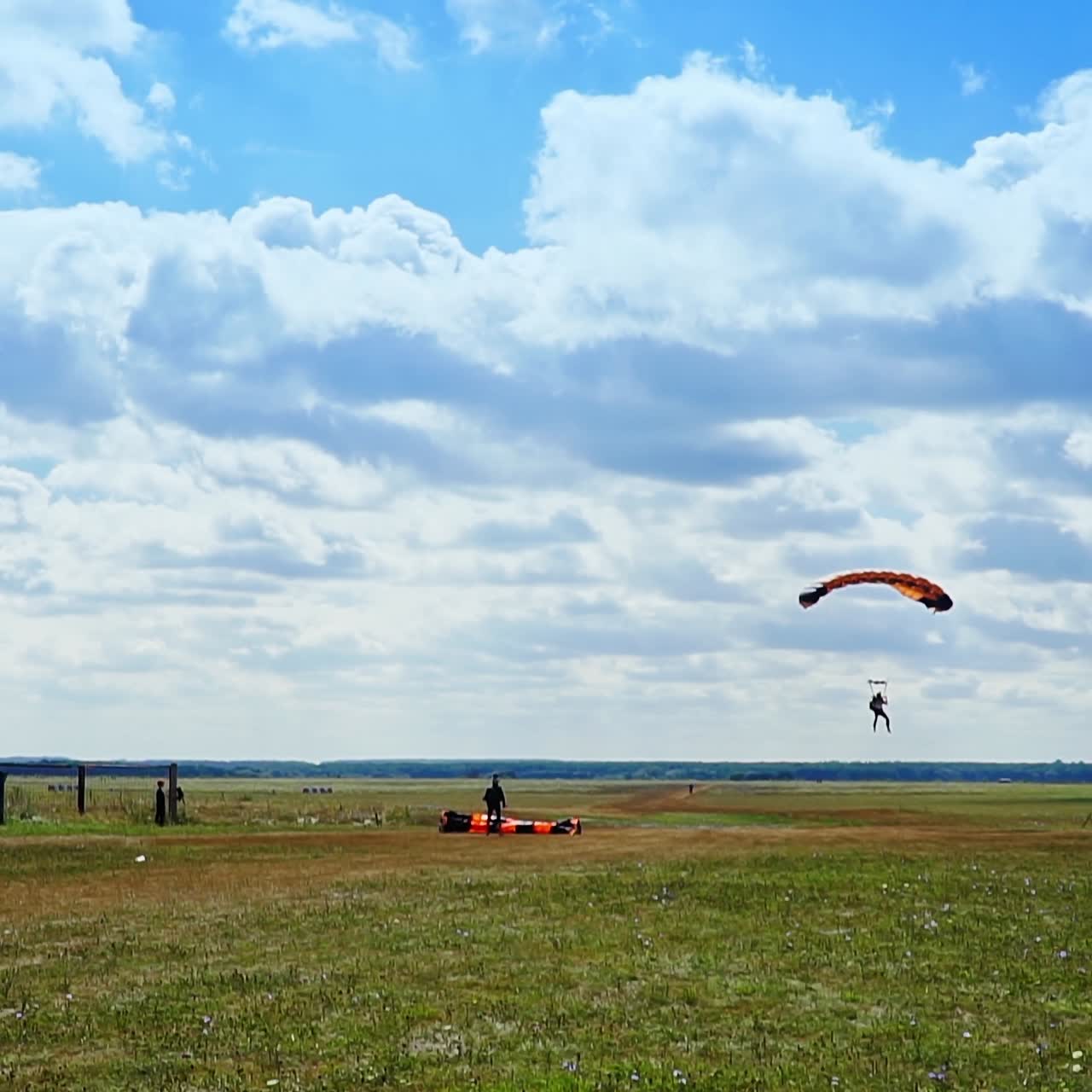 Parachutist landing on the ground right on his feet. Another extreme sportsman descending in the sky