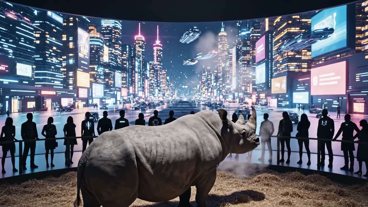 Rhino exhibit with futuristic cityscape backdrop