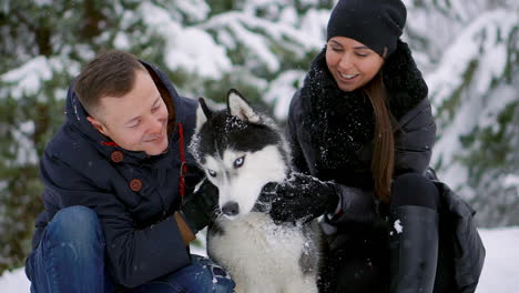 beautiful family, a man and a girl in winter forest with dog. play with the dog siberian husky.