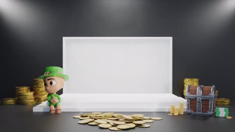 rendering 3d del producto espacio de copia vacío con configuración de luz y caja de monedas de oro y gnomo sentado fondo negro