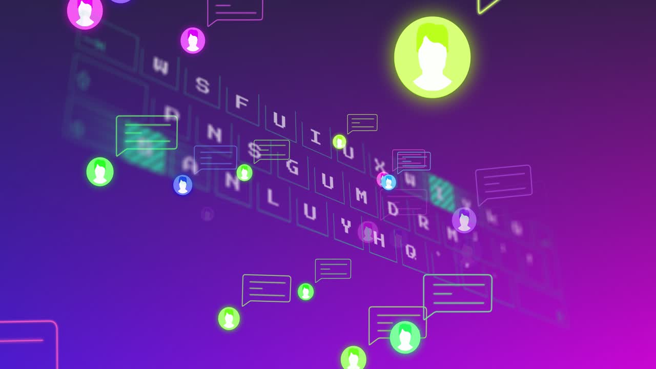 Gradient opening clear keyboard emerging colored avatars grouping keys glowing showing chat bubbles