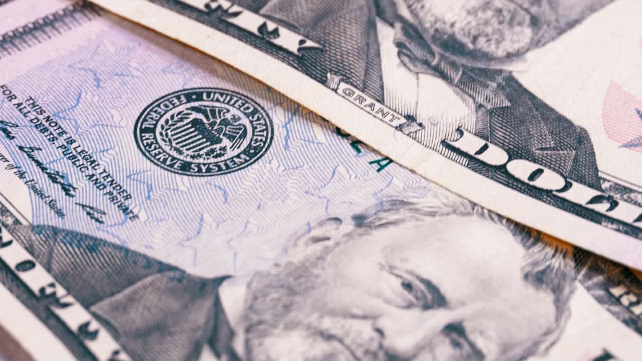 Slow Rotating Fifty Dollars American Bills. Background with money