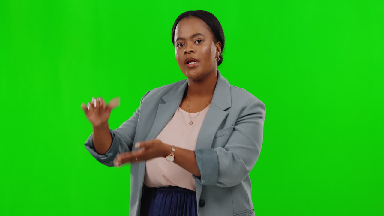 Black woman hands, face or talking on green screen