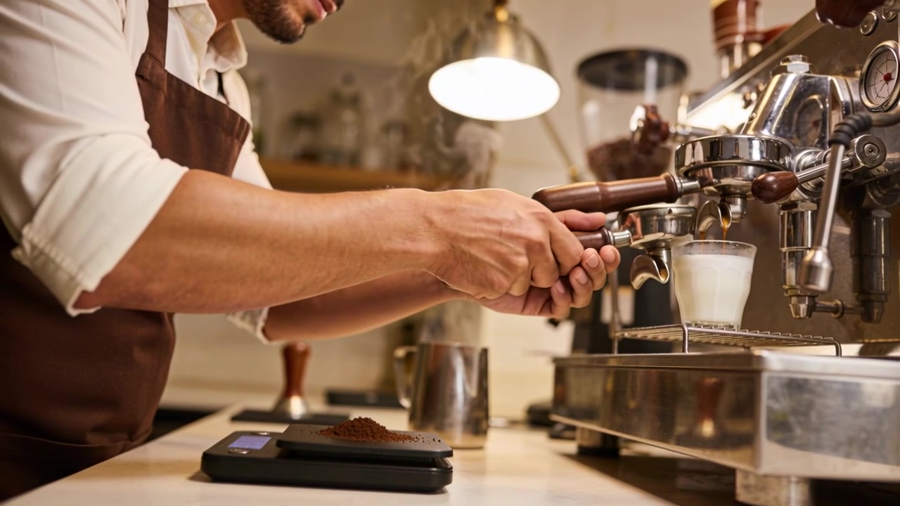 Controllando la bilancia, un barista in camicia bianca e grembiule marrone livella il portafiltro in un caffè, preparando un espresso.