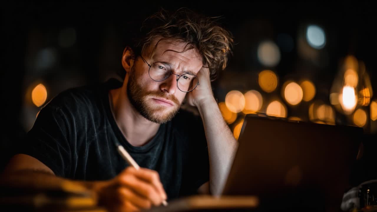 Pensive Young Man Reflecting on His Thoughts While Writing at a Dimly Lit Desk, Surrounded by Soft Glowing Lights, Capturing the Essence of Contemplation and Focus
