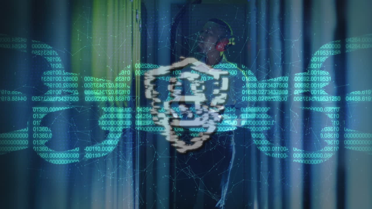 Animation of data processing over african american male worker in server room