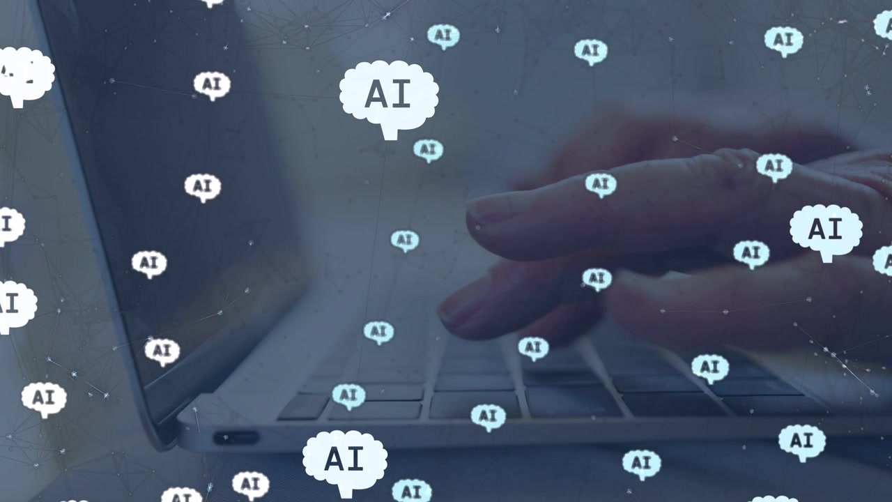 Senior woman typing on laptop keyboard, generating floating AI speech bubbles for tech demo