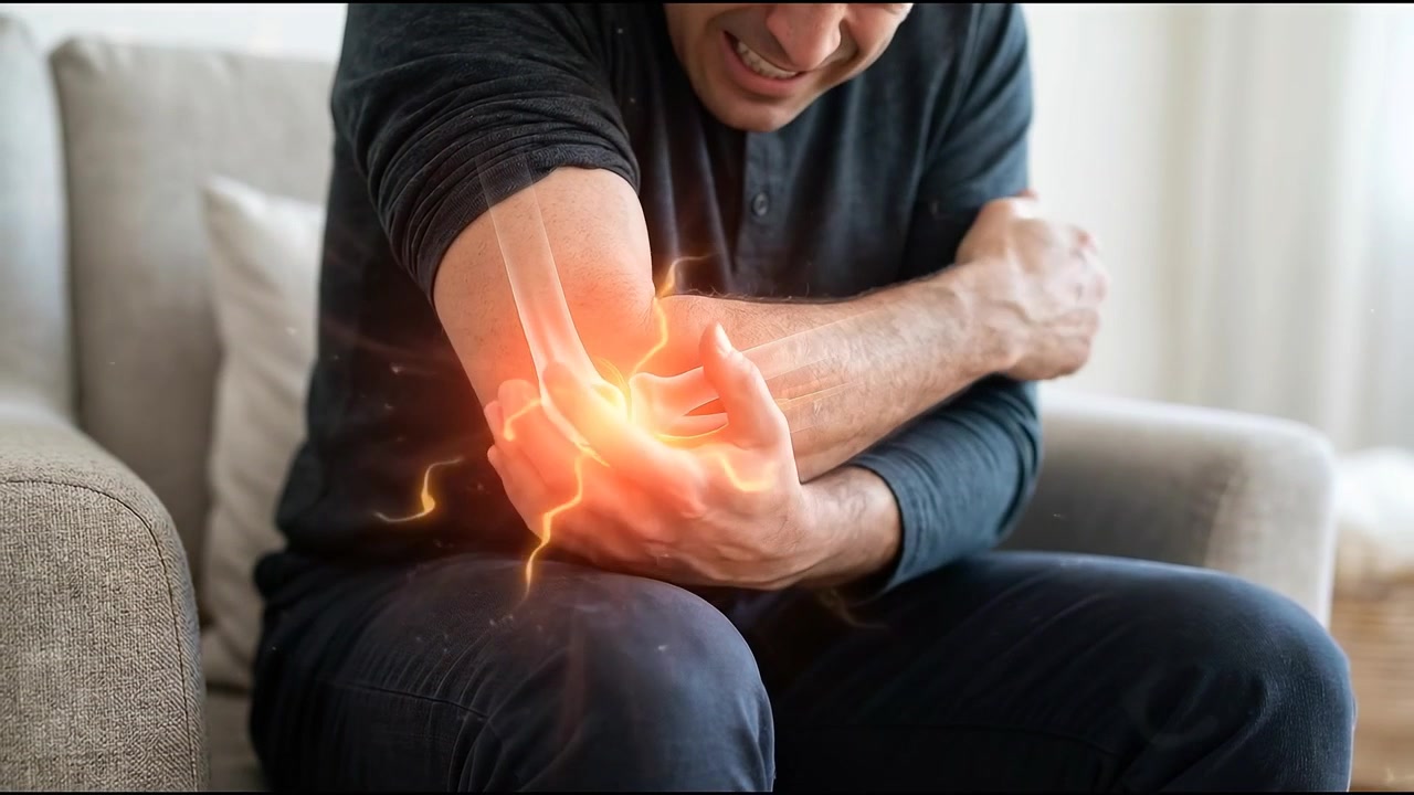 Uomo che soffre di dolore al gomito con infiammazione articolare animata