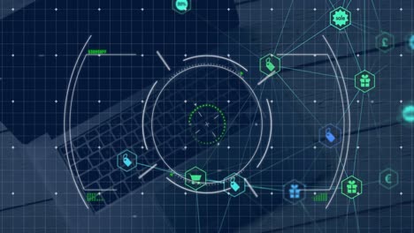 Animation-of-network-of-connections-over-laptop-and-scope-scanning