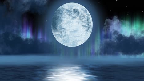 animation of full moon hanging over water with aurora lights in night sky in background