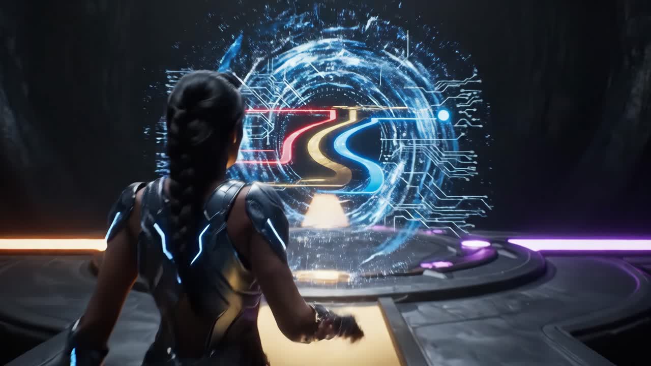 Futuristic Woman Interacting with Digital Interface