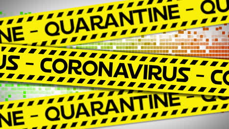 animation of coronavirus quarantine warning text on yellow hazard tape, over colourful moving pixels