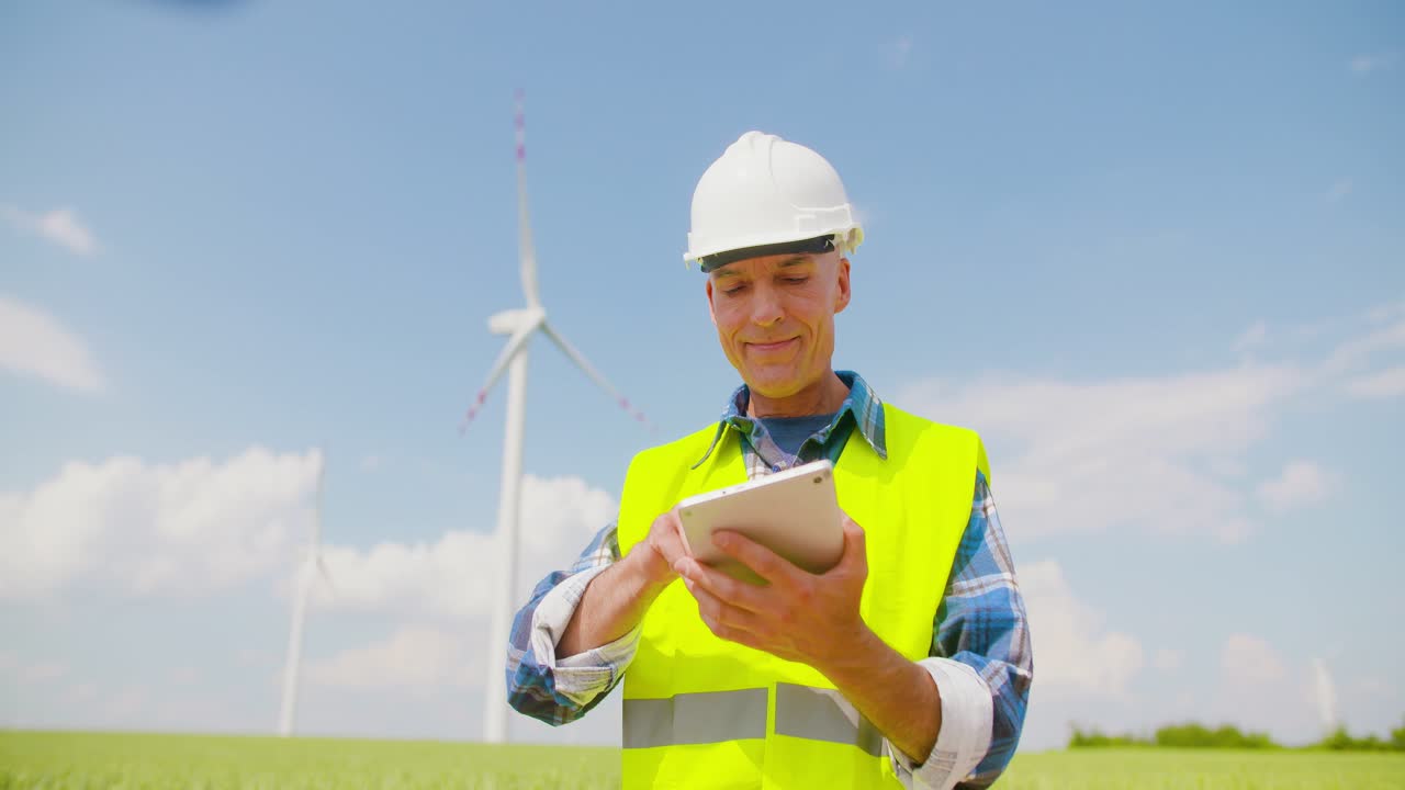Engineer Using Digital Tablet On Wind Turbine Farm 2