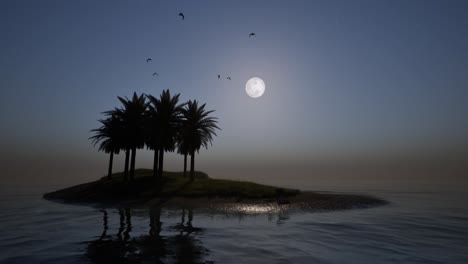 summer time small island in the middle of the ocean, with sand beach, deck chair, palm trees, and seagulls flying above, on night time full moon, 3d animation, animated summer scene, camera move up