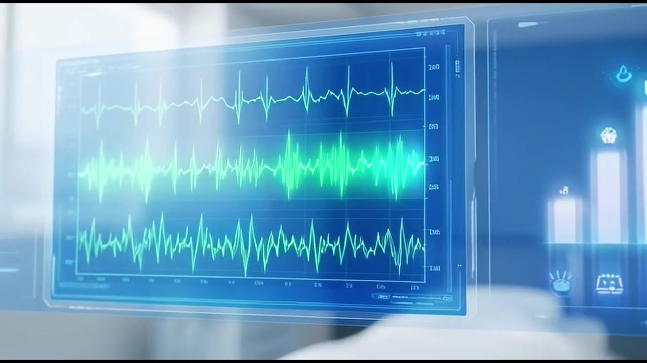 Monitor medico digitale che visualizza i dati della frequenza cardiaca in una stanza d'ospedale.