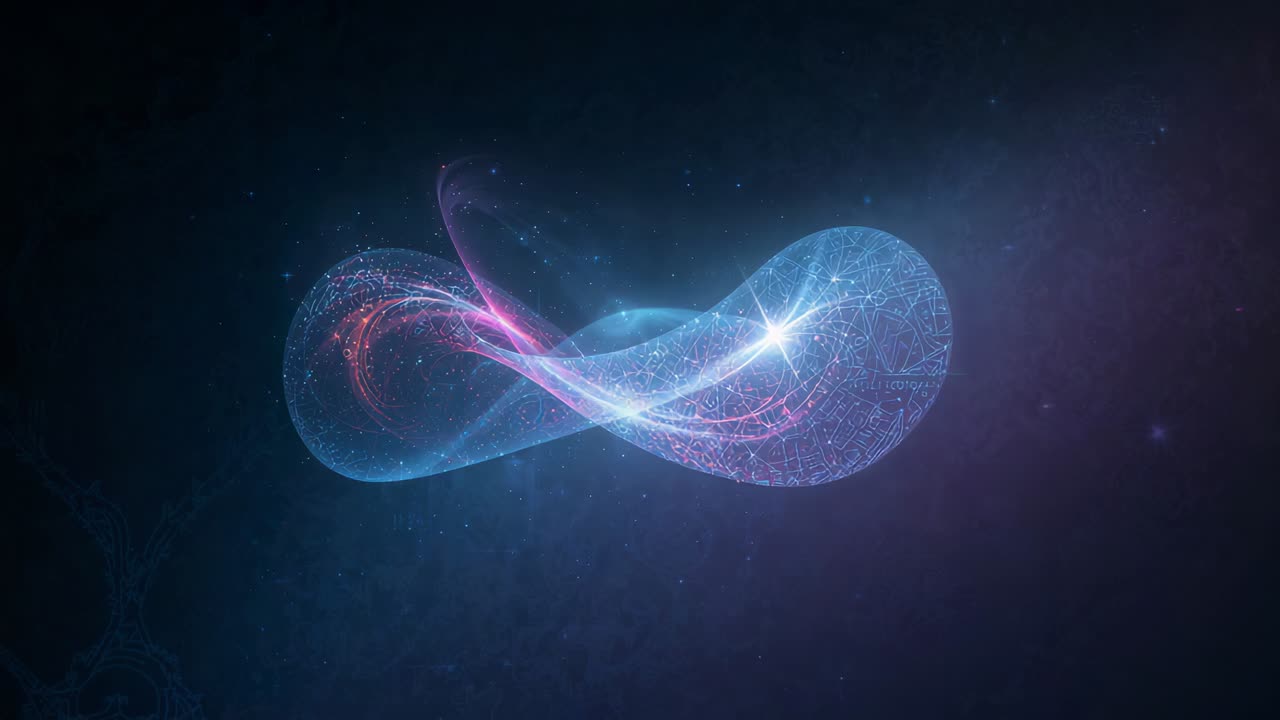 Pulsing infinity ribbon extending column after central pulse in dark nebula, cyan-magenta threads