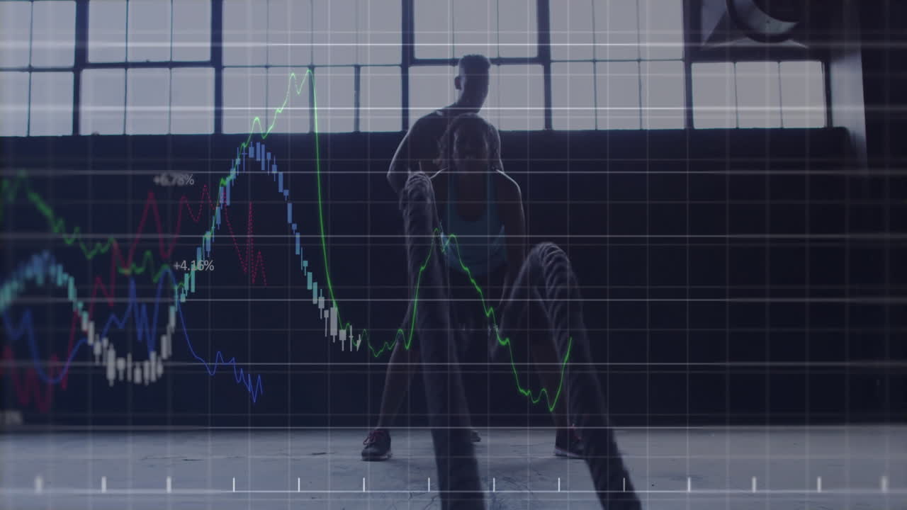 Entrenador guiando a una aprendiz realizando un ejercicio con cuerdas de batalla, con un gráfico financiero superpuesto.