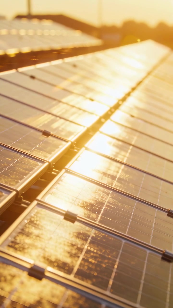 Vertikales Video: Gleitende Kamera verfolgt Sonnenreflexion über Solarmodule auf Bauernhof, zeigt Schienen