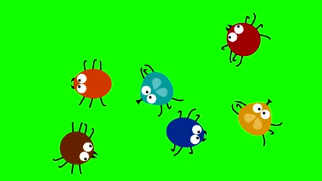 funny colored insects crawling on green screen, 2d animated cartoon, looping.