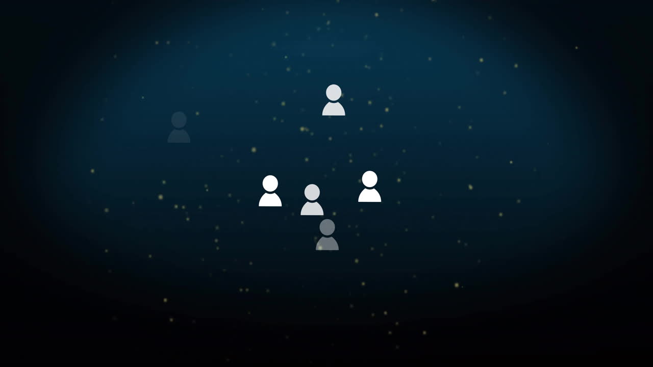 Animation of profile icons and white particles flying against blue background