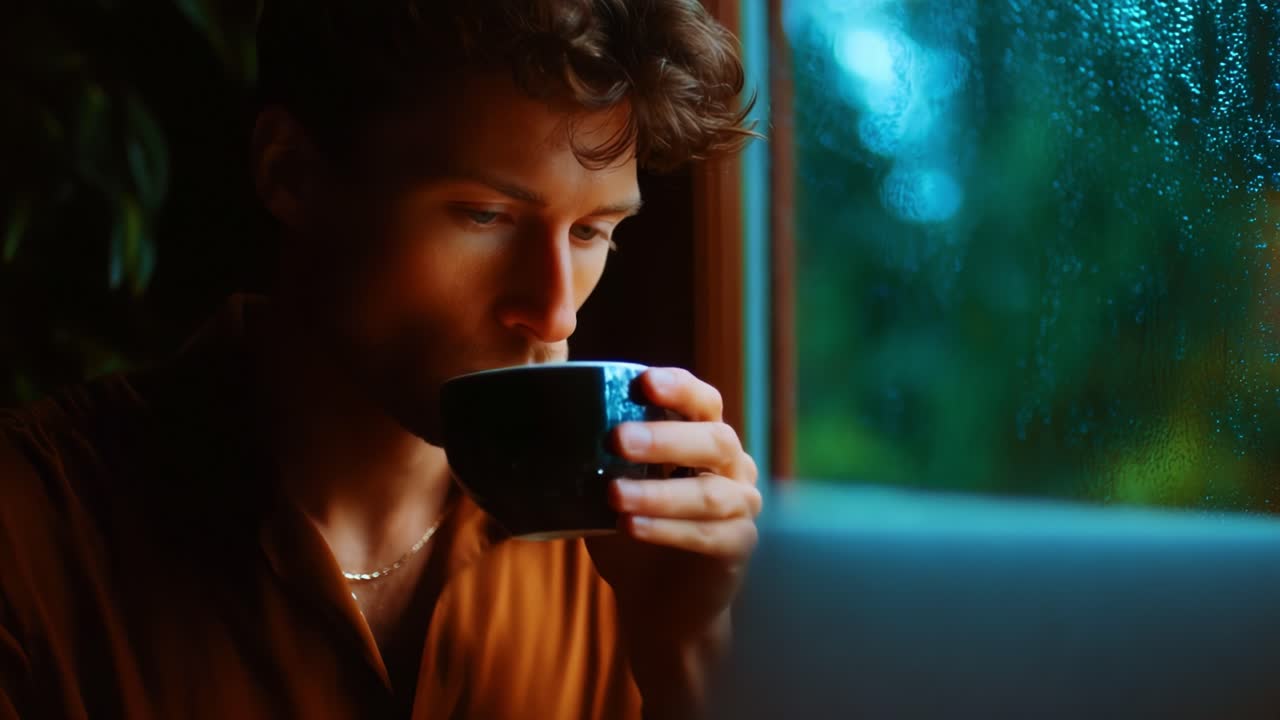 A Thoughtful Moment: A Young Man Enjoys a Warm Beverage While Gazing Out a Rain-Drenched Window, Capturing the Serenity of a Cozy, Introspective Afternoon in His Comfortable Space