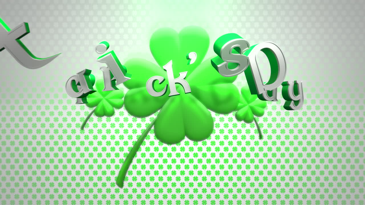 animación primer patricks fiesta texto y movimiento grandes tréboles verdes sobre fondo brillante del día de san patricio.