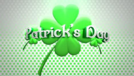 Animation-closeup-Patricks-Party-text-and-motion-big-green-shamrocks-on-Saint-Patrick-Day-shiny-background.