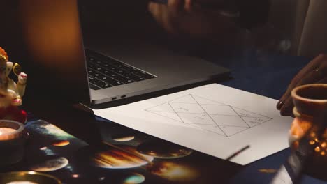 close-up d'une femme utilisant un ordinateur portable pour dessiner l'astrologie lagna ou le graphique de naissance sur la table à la lumière des bougies 1