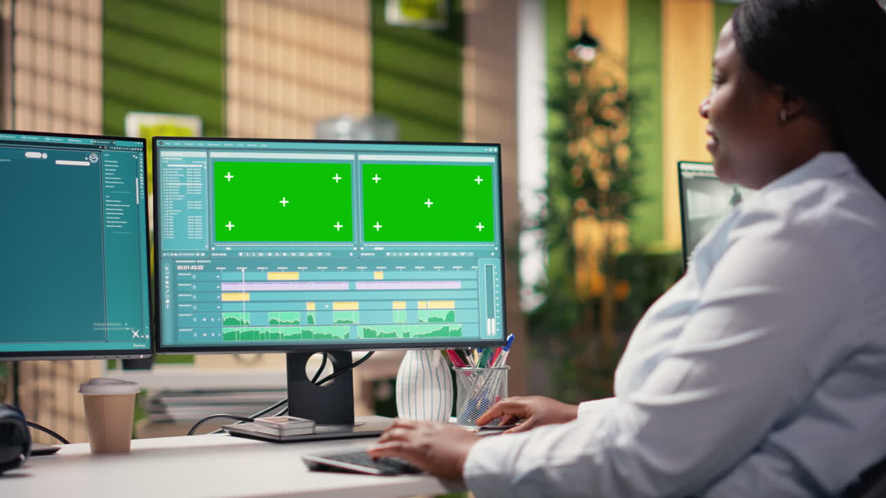 Donna montatrice video che lavora al computer con display a schermo verde