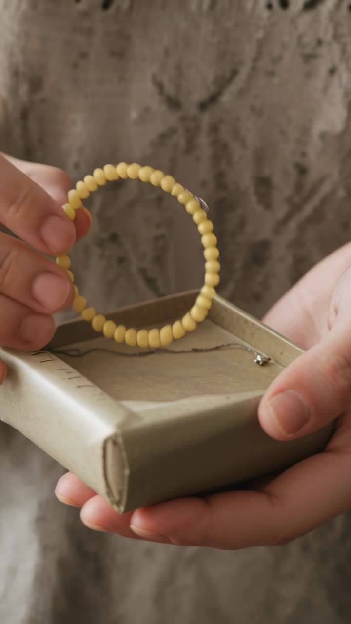 Video verticale: Aprendo una scatola, mani che sollevano perline gialle a casa, ispezionando la chiusura con decoro floreale sullo sfondo.