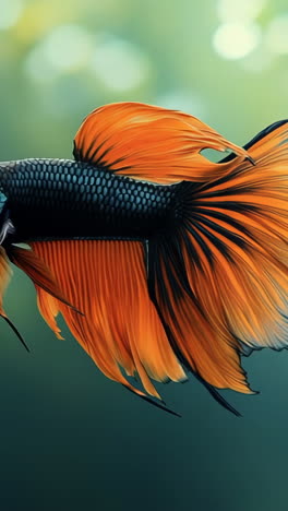 betta fish swimming in vibrant colors. a betta fish displays its stunning orange and black fins while gracefully swimming in serene waters.