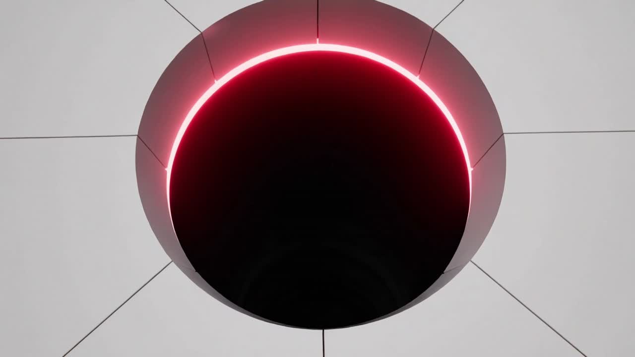 Emitting red ring, white cube with cavity drawing camera closer to reveal void in dim room