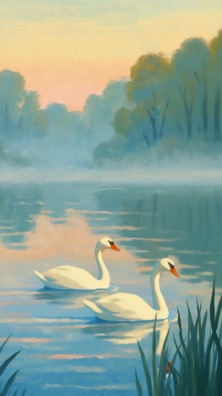 A serene video scene of two swans gliding on a misty lake at sunrise