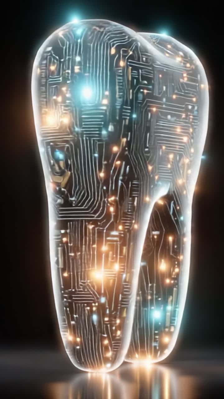 A Captivating Fusion of Technology and Dentistry: A Digital Tooth Interwoven with Circuit Patterns and Glowing Lights Representing the Future of Oral Health Innovations