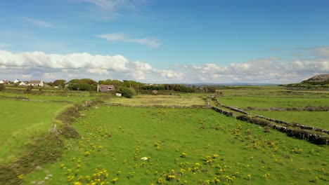 paisaje rural irlandés, vista desde aughinish clare mirando al este hacia kinvara, galway irlanda, agosto de 2020, el dron empuja gradualmente hacia adelante mientras se levanta hacia arriba, volando sobre campos y muros de piedra