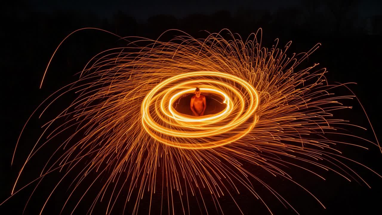 A mesmerizing display of fiery artistry as a performer creates stunning circular patterns with sparks in the night, capturing the beauty and energy of an illuminated dance