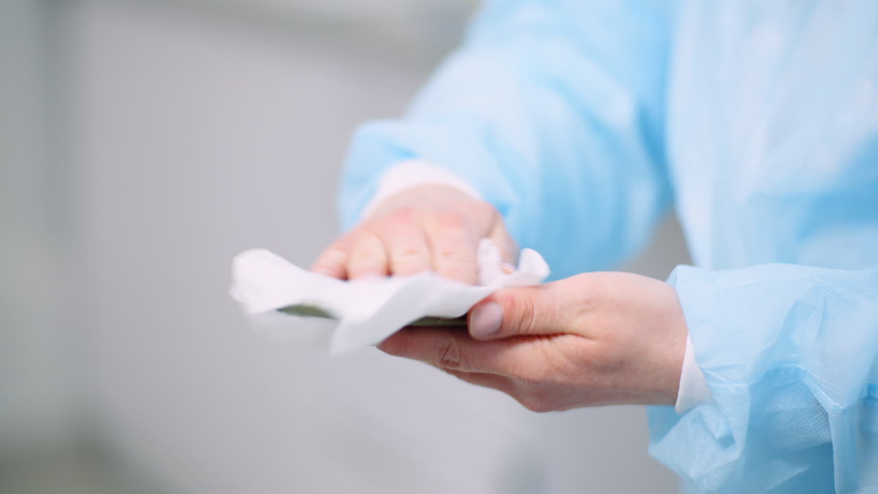 소독용 물티슈로 전화기를 소독하는 여성